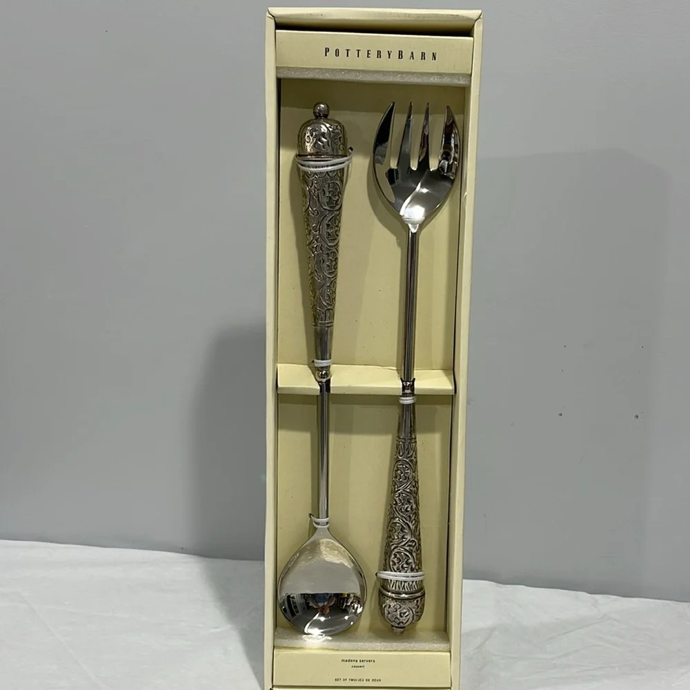 Pottery Barn Madena extra long 16” meal serving utensils set made in India